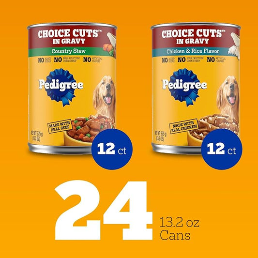 Pedigree Wet Dog Food, Choice Cuts Adult Canned Dog Food, Country Stew & Chicken and Rice Multipack, 13.2 oz. Cans, 24 Count