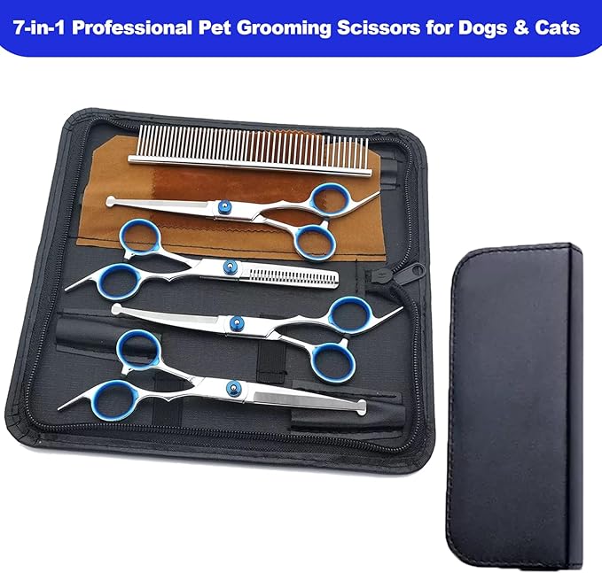 Dog Grooming Scissor, 7-in-1 Pet Grooming Scissor for Dogs, Professional Dog Grooming Kit with Safety Round Tips, Titanium Coated Cat Scissors Kit for Home Grooming (Blue)
