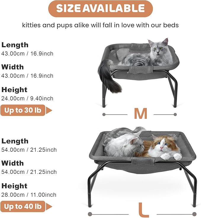 JUNSPOW Large Cat Hammock Bed - Free-Standing Square Pet Sleeping Bed, Detachable, Easy Assembly for Indoor/Outdoor Use (Gray)