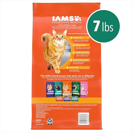 IAMS Proactive Health Dry Cat Food Hairball Care, Adult Cat Food, with Real Chicken and Salmon, 7 lb. Bag