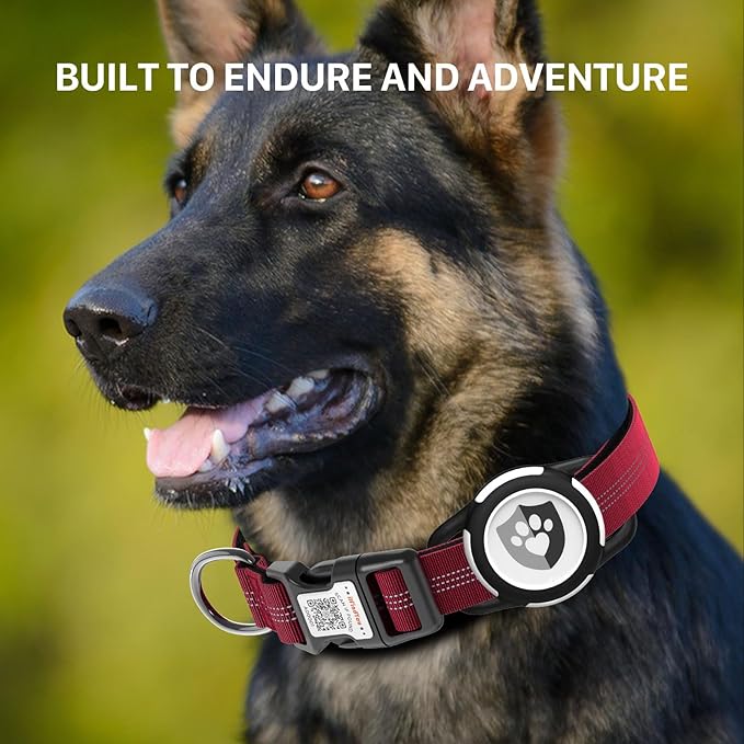 Reflective Dog Collar with AirTag Holder for Puppy Soft Nylon Burgundy Sized XS