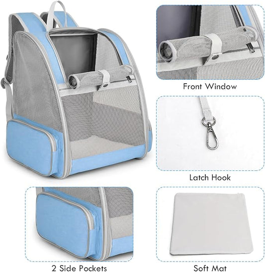 Cat Backpack Carrier, Large Pet Backpack with Kitten Wand Feather Toy for Medium Small Dog Cat Puppy Kitty Bunny up to 15lbs, Ventilated Mesh Dog Travel Carrier for Hiking Walking Outdoor Use (Blue)