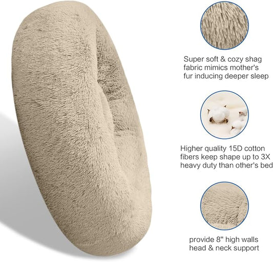 SAVFOX 54 inches Calming Donut Dog Bed - 3X Durable Plush Faux Fur, Machine Washable & Non-Slip, Fits up to 210 lbs, Removable Cover, Beige