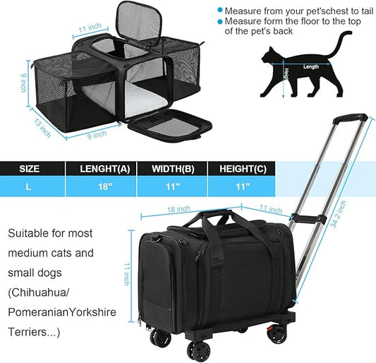 Pet Carrier Airline Approved, Expandable Pet Cat Carriers with Wheels for Dogs, Airline Approved Cat Dog Carrier, TSA Approved Pet Carrier In Cabin, Pet Dog Cat Carrier Soft, Cat Travel Carrier(Black)