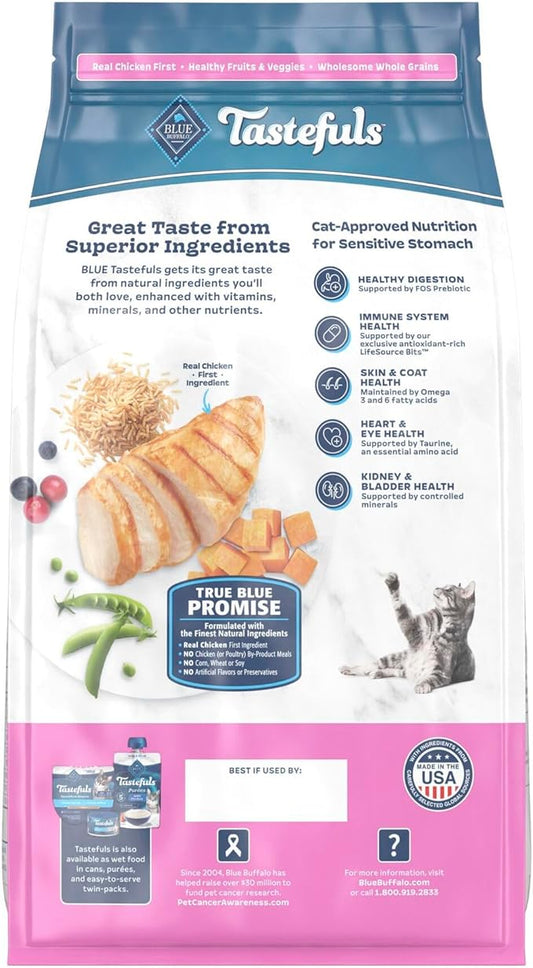 Blue Buffalo Tastefuls Adult Dry Cat Food Sensitive Stomach Formula, Made in the USA with Natural Ingredients, Chicken Recipe, 7-lb. Bag