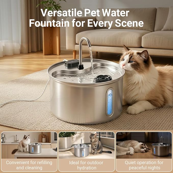304 Stainless Steel Cat Water Fountain, 118oz/3.5L Pet Drinking Fountain for Cats and Small Dogs, Ultra-Quiet, Dishwasher Safe, Water Level Window, Cat Fountain with Smart Pump Protection
