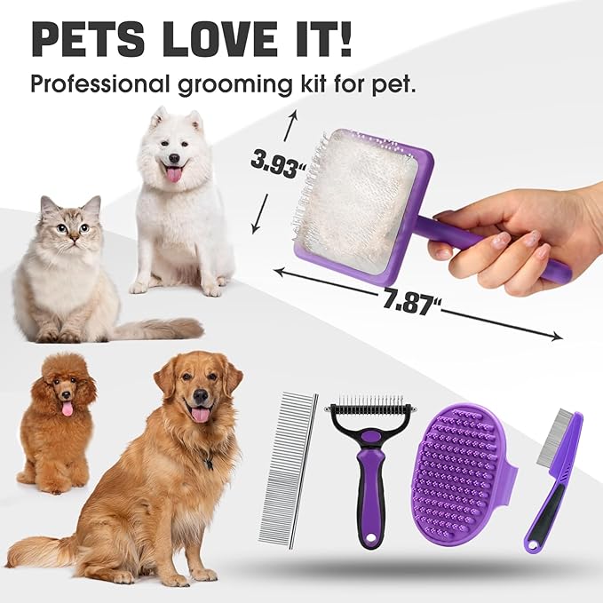 Bonteck Dog Slicker Brush for Dogs Grooming Kit 4PCS | Large Dog Brush for Goldendoodles Poodles Doodles | Long Pin Haired Brush | Poodle Brushes and Comb (Purple)