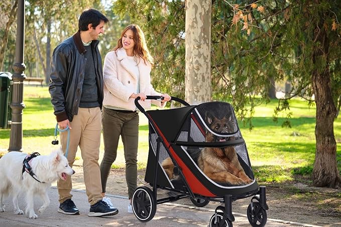 Large Dog Stroller-4 Wheel Pet Strollers for Medium Dogs or 2 Dogs- One-Click Foldable - Large Breathable Mesh & Sunroof - All Terrain Pet Stroller for Medium Senior Dog up to 88 lbs (Green-Yellow)