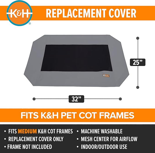 K&H Pet Products Dog Cot Replacement Cover, Designed to fit K&H Medium Pet Cots (Sold Separately), Indoor Outdoor, Breathable Cooling Mesh Center, Machine Washable - Medium 32 X 25in Gray