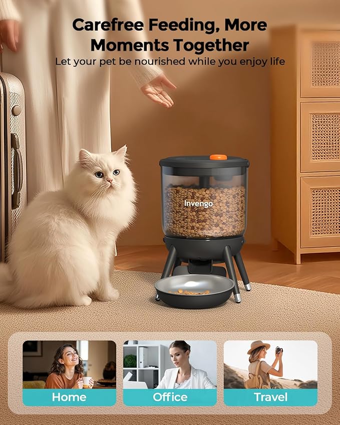 Invengo Automatic Cat Feeder with Timed Food Dispenser, One-Touch Feeding, Dual Power Supply, Anti-Bug Design, Visible 3L Hopper – Automatic Pet Feeder for Cats and Small Dogs