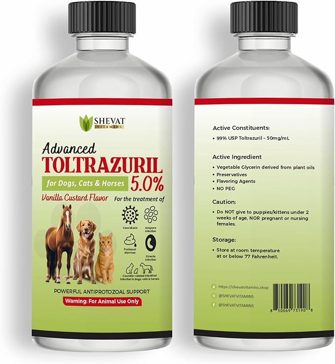 SHEVAT VITAMINS Advanced Toltrazuril 5.0% for Dogs, Cats & Horses – Vanilla Flavor – Oral Suspension – Easy-Dose Liquid – Includes 3 mL Dropper – Animal Use Only (120ml)