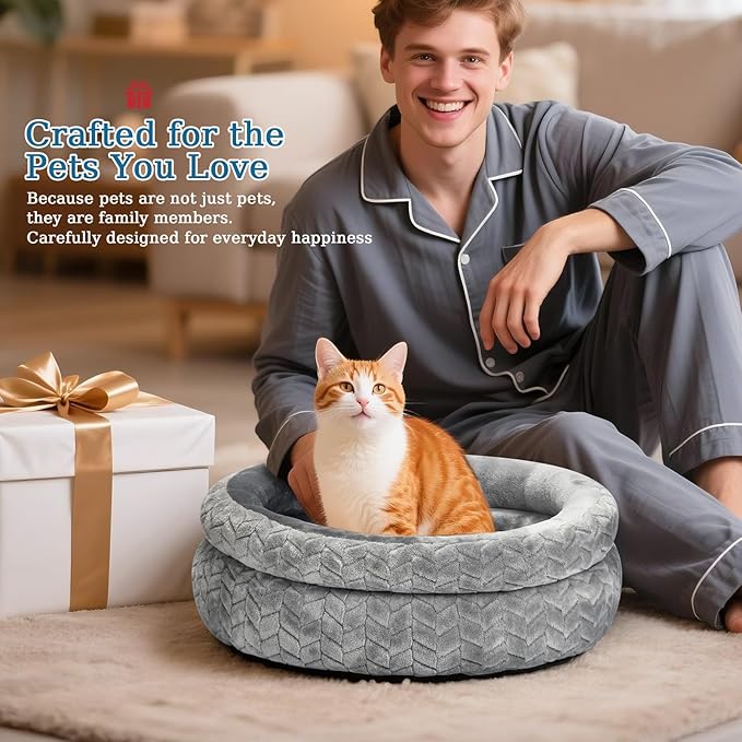 Dual-Layer Donut Cat Bed - Fluffy Round Bed for Small Pets - Ultra-Soft Cat Donut Bed for Cozy Sleep (Grey, 16 * 16 * 5.5 inch / 40 * 40 * 14 cm)