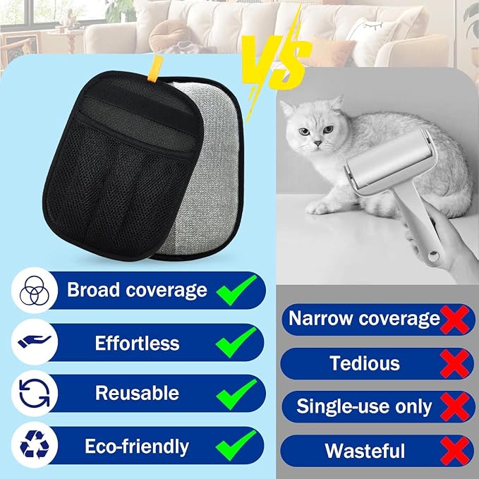 Reusable Pet Hair Removal Gloves - Electrostatic Fur & Lint Remover Set for Home & Car, Washable 5-Finger Magic Brush Pet Hair Remover Tool for Bedding, Clothing, Couch, Carpet (2-Pack)