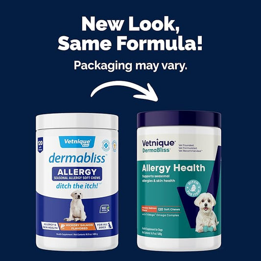 Vetnique DermaBliss Dog Allergy Chews for Seasonal Allergy Itch Relief, Skin & Gut Health with Probiotics and Omega 3 Blend - Advanced or Regular Strength (120ct, Regular Strength Chews)
