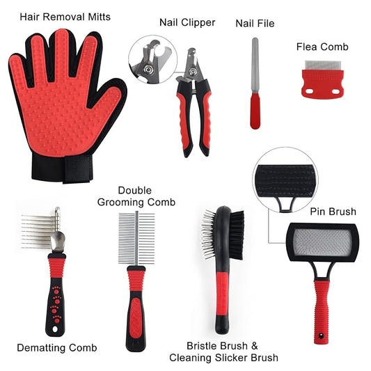 Wisedog Dog Grooming Kit 8PCS - Pin & Bristle Brush, Slicker Brush, Dematting Tool, Nail Clipper, Hair Removal Mitts, Flea Comb for Dogs and Cats (Reddish-black)