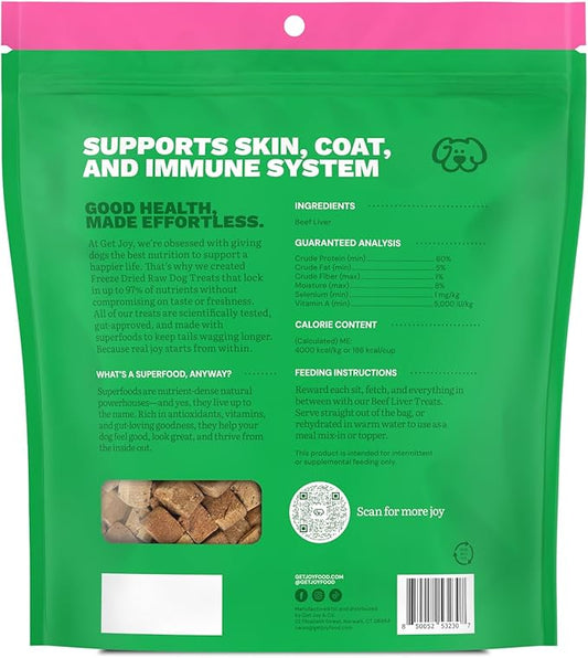 Get Joy Freeze Dried 100% Beef Liver Dog Treats, 16oz | Single Ingredient Organ Meat, High Protein Raw Dog Food Topper, Snack & Training Rewards | Grain Free, Gluten Free, Filler Free