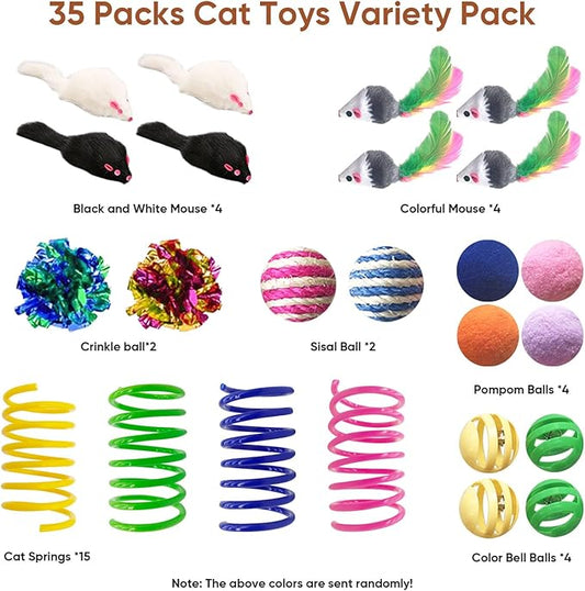 AGYM Cat Toys for Indoor Cats, 35 Packs Interactive Cat Toys Set with Colorful Springs, Mouse Cat Toy, Crinkle, Sisal, Pompom and Color Bell Balls for Kittens