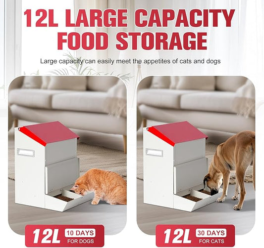 Automatic Cat Feeder 2 Cats,50cups/12L Automatic Pet Feeders Large Capacity Outdoor Galvanized Steel Multiple Cats Feeder Gravity Dog Dry Food Dispenser with Lid