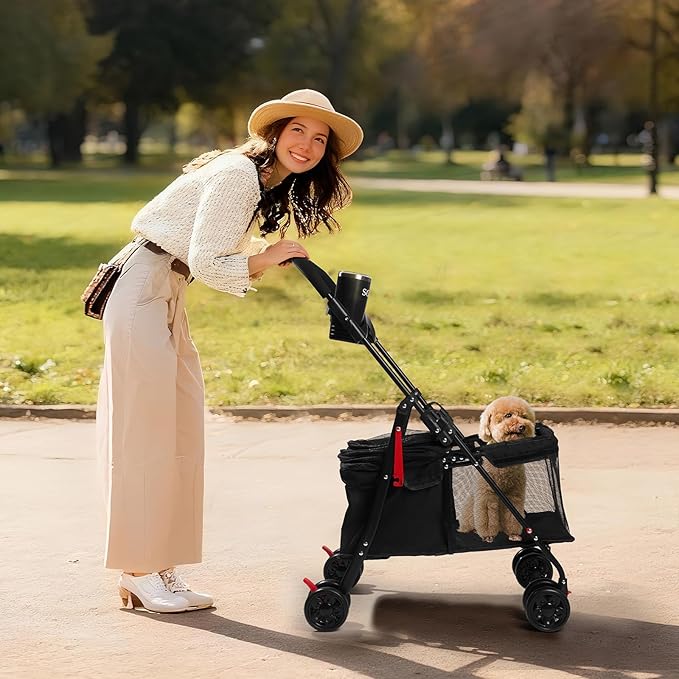 Foldable Pet Stroller for Small/Medium Dogs & Cats up to 22 lbs - Lightweight 4-Wheel Design with Sun Canopy, Storage Basket & Breathable Mesh Windows(Black