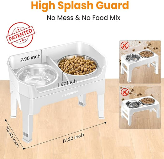URPOWER 3-in-1 Elevated Dog Bowls - Mess Proof Double Deck 4 Height Adjustable Raised Stand with 2 Stainless Steel Food Bowls & Licking Plate for Small, Medium & Large Dogs