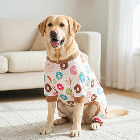 KYEESE Dog Pajamas, Soft Dog Pajamas for Large Dogs Boy Girl, Stretchy Dogs Pjs Velvet Pet Jumpsuit Sleepwear, Comfy Jammies Lightweight Pet Onesie Outfit, Donut, 3XL