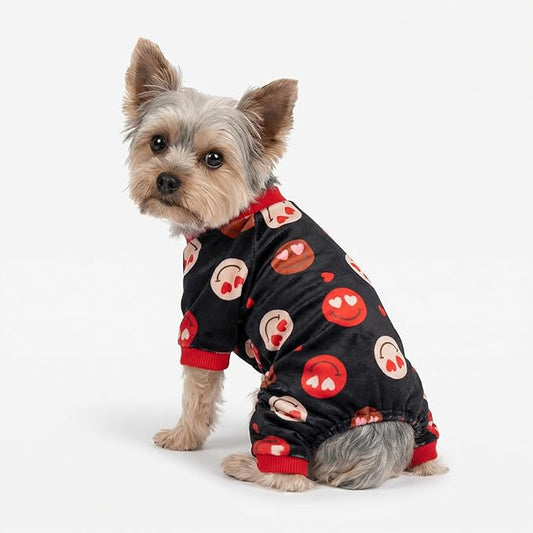 Fitwarm Hearts Eyes Smily Face Dog Pajamas, Cozy Valentines Outfit for Small Dogs Boy Girl, Festive Pet Clothes, Black, Red, XL