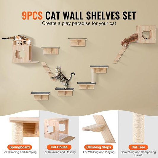 VEVOR Wall Mounted Cat Shelves, Cat Wall Shelves and Perches with Jumping Boards, Cat Beds, Hammocks & Cat Tree, Cat Furniture and Shelves up to 40 lbs for Sleeping, Playing, Climbing, Set of 9