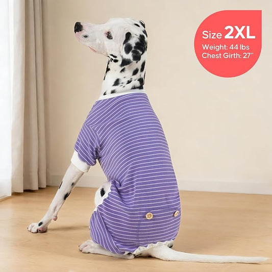 KYEESE Dog Pajamas Striped Clothes Pet PJS Lightweight Doggie Jammies 4 Legs Outfit Soft Dog Pajamas Cozy Pet Clothes Onesie Comfortable PJS for Medium Dogs Doggie Onesie,Purple Striped, XX-Large