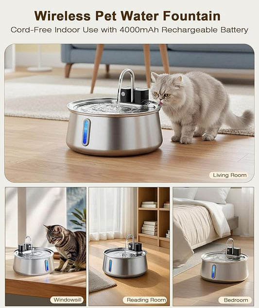 CEESC Cordless Cat Water Fountain Stainless Steel, 4L/135oz Automatic Pet Water Dispenser with Motion Sensor, Multi-Filtration, Ultra Quiet Pump, Long-Lasting 4000mAh Battery for Indoor Cats & Dogs