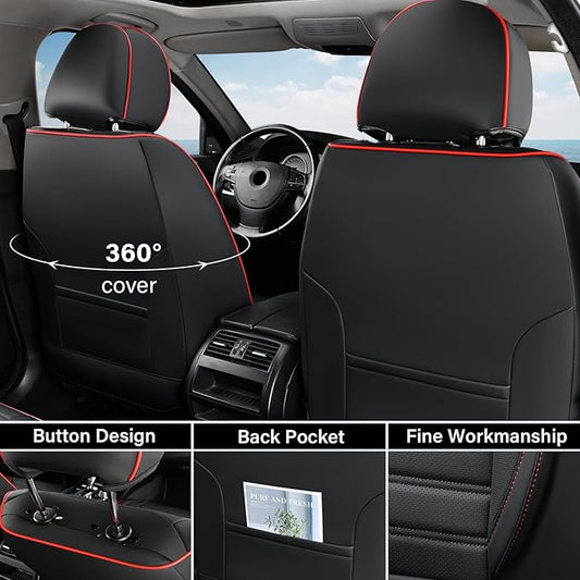 Coverado Car Seat Covers Front Seats, Automotive Seat Covers, Waterproof Nappa Leather Car Seat Cover, Car Seat Cushion, Black Redline Seat Covers Carseat Cover Universal Fit for Most Cars