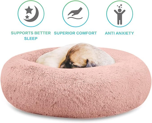 SAVFOX 36 inches Calming Donut Dog Bed - 3X Durable Plush Faux Fur, Machine Washable & Non-Slip, Fits up to 100 lbs, Pink
