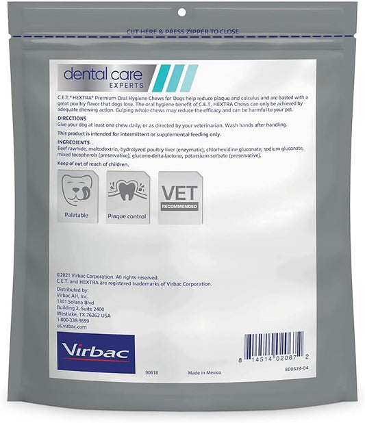 Virbac C.E.T.® HEXTRA® Premium Oral Hygiene Chews for Dogs, Rawhide Coated to Fight Bacteria and Reduce Plaque and Tartar, over 50lbs
