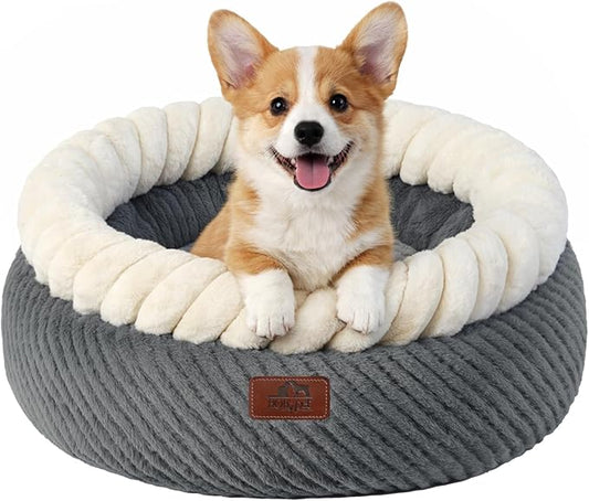 Hollypet Cat Bed for Indoor Cats Kitty Beds, Round Washable Fluffy Small Dog Bed, Soft Cozy Plush Pet Beds for Puppy and Kitten with Non-Slip Bottom (20" Diameter, Grey)