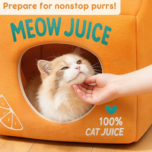 Juice Box Cat Cave Bed - Covered Cat Beds for Indoor Cats with Removable & Washable Cushion, Enclosed Kitten Puppy Hut, Cute Kitty Hideaway for Small Cats Dogs and Pet Breeds