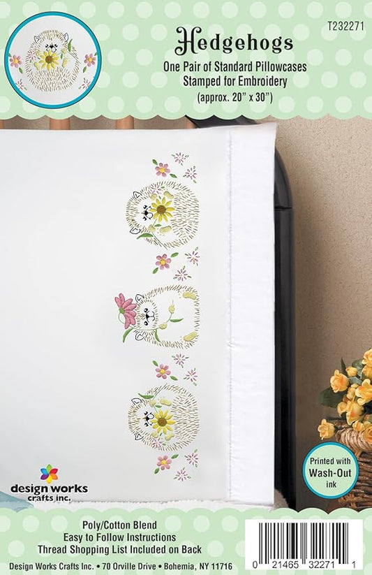 Design Works Crafts Hedgehogs Stamped for Embroidery Pillowcases - Set of 2