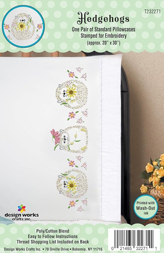 Design Works Crafts Hedgehogs Stamped for Embroidery Pillowcases - Set of 2