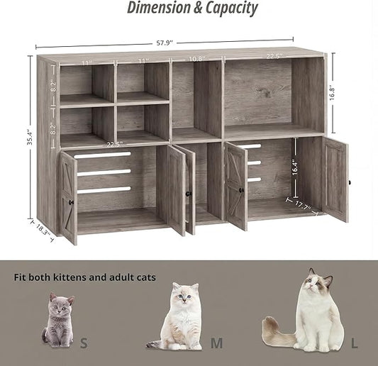 IRONCK Cat Litter Box Enclosure for 2 Cats, Litter Box Furniture Hidden with Double Room and Large Storage Space, Wooden Washroom Furniture, Cat House, Greige