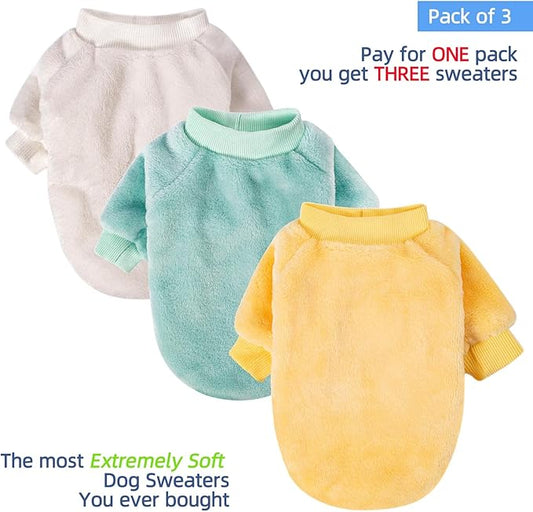 FabriCastle Small Dog Sweaters, 3-Pack Dog & Cat Clothes, Ultra Soft and Warm Pet Jackets for Small Dogs Boy & Girl, Winter Pet Apparel Costumes, Puppy Outfits (Beige,Light Green,Yellow, X-Large)