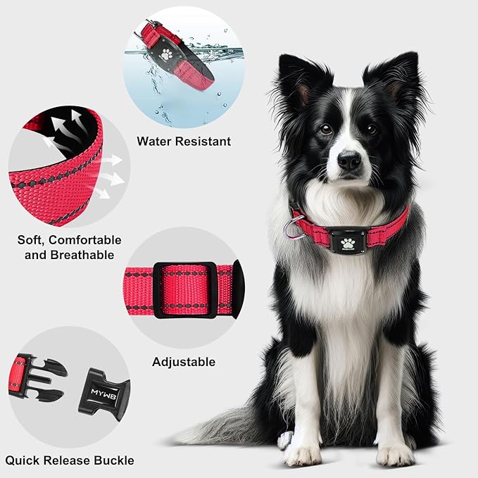GPS Dog Collar Tracker 2-in-1,Reflective Waterproof Pet Collar,iOS-Only,No Monthly Fees,Unlimited Range,Ideal for Dog Tracking pet Tracker,for Small Medium Large Dogs(M (15"-20.5"), Red)