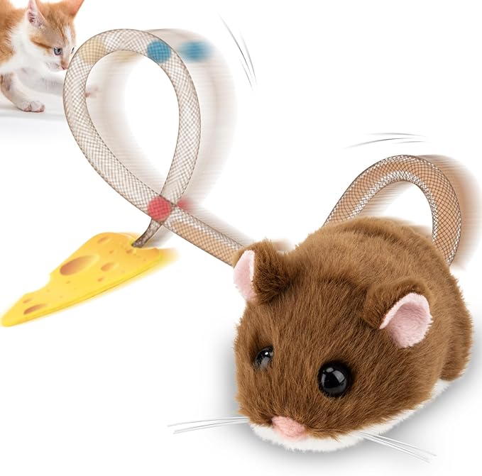 Migipaws Interactive MigiMouse Cat Toy 360° Rolling & Spin with Wiggling Tail for Indoor Cats Smart Motion Sensor, Realistic Squeak, Rechargeable Plush Kitten Toy (Brown)