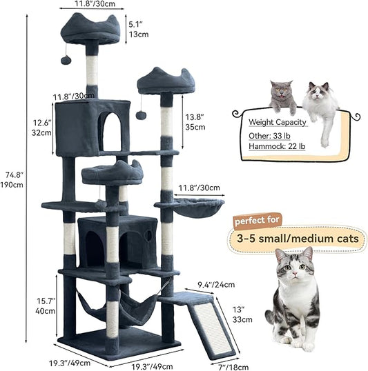 DWVO 75 in Multi-Level Cat Tower: Tall Cats Tree for Indoor Kittens, Pet Furniture with Kitty Condos, Top Perches, Sisal Ramp Scratching Posts, Cozy Basket, Hammocks, Dark Gray