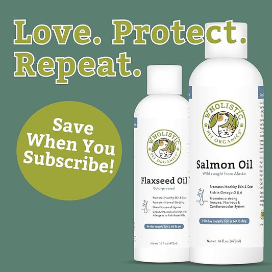 Wholistic Pet Organics Wild Alaskan Salmon Oil for Dogs and Cats - Omega 3 Fish Oil for Dogs & Cats - Cat & Dog Skin and Coat Supplement for Heart, Joints - DHA, EPA Omega 3 Liquid Food Topper - 16 oz
