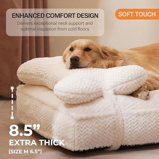 Soft Touch Faux Fur Dog Bed for Medium to Large Sized Dogs 8.5" Extra Thick, Orthopedic Pet Bed with Waterproof Liner and Washable Cover, with Removable Cute Pillow, Cream Color