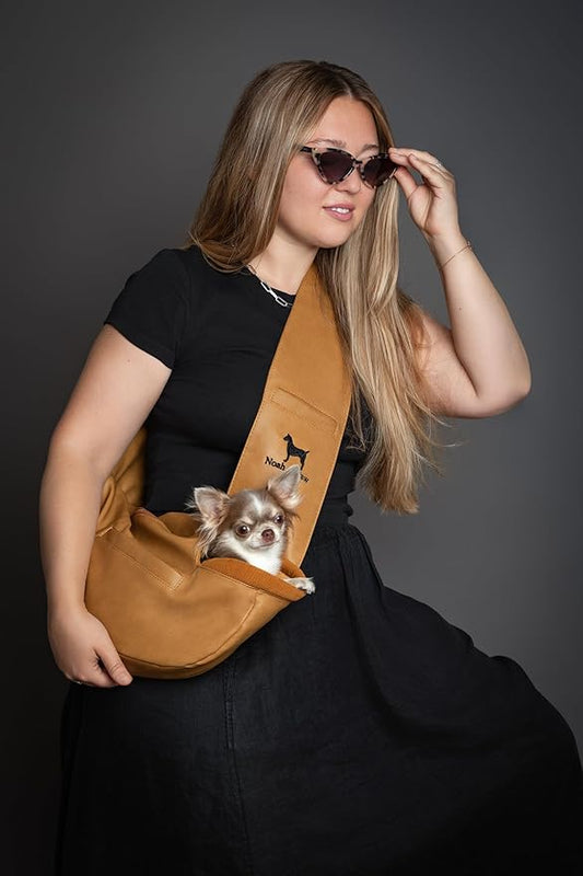 Noah & Paw Dog Sling Carrier for Small Dogs 3-10lb, Dog Sling for Small Dogs and Cats, Dog Carrier with Adjustable Padded Strap, Vegan Leather Lined with Fur, 3X Safety Features, Machine Washable