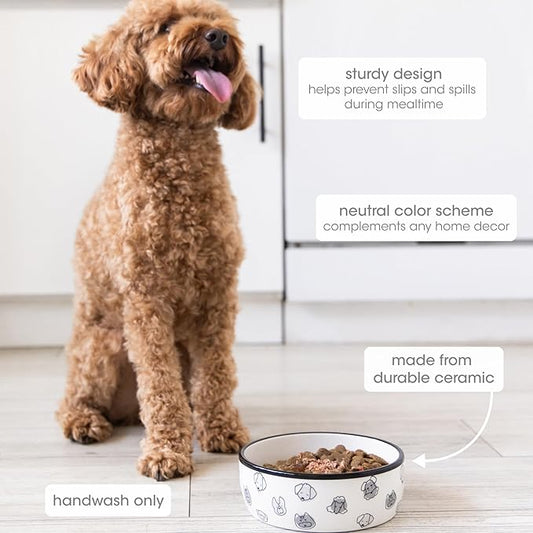 Pearhead Ceramic Dog Faces Dog Bowl, Stoneware Food and Water Dish for Dogs, Heavy Non-Slip Base, Small/Medium 2.25 Cups/ 18 oz