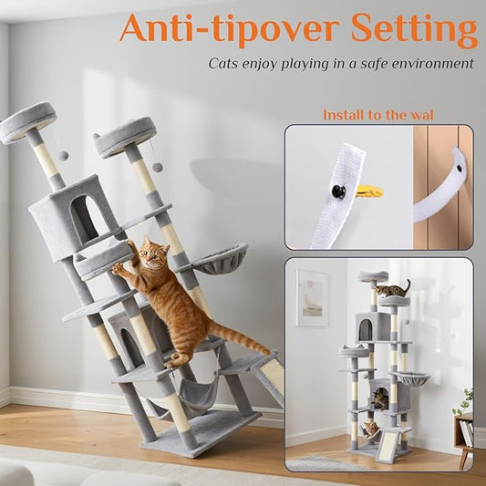 Sweetcrispy Cat Tree 75 Inch, Large Multi-Level Tall Cat Tree Tower with Condo, Perches, Sisal Scratching Posts Board and Hammock, Pet Play House with Dangling Balls for Indoor Cats, Light Grey