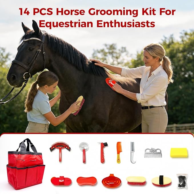 14PCS Horse Grooming Kit, Professional Brush Supplies Set for Bathing & Care, Mane Tail Curry Comb, Sweat Scraper Hoof Pick, Waterproof Storage Tote Bag for Shining, Detangling, Gifts for Riding Lover