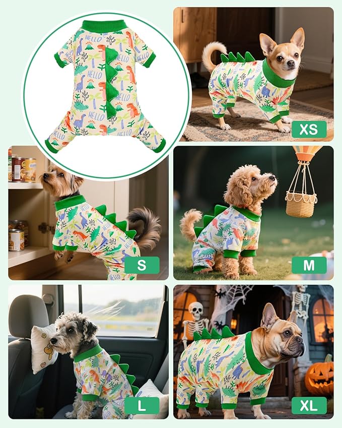 CuteBone Dinosaur Costume Dog Pajamas, Stretchy Spandex Crystal Velvet Sleepwear Coat for Small Dogs, Soft & Warm Pet Outfit Clothes for Cold Weather, Cozy Pullover Design COSP15XS