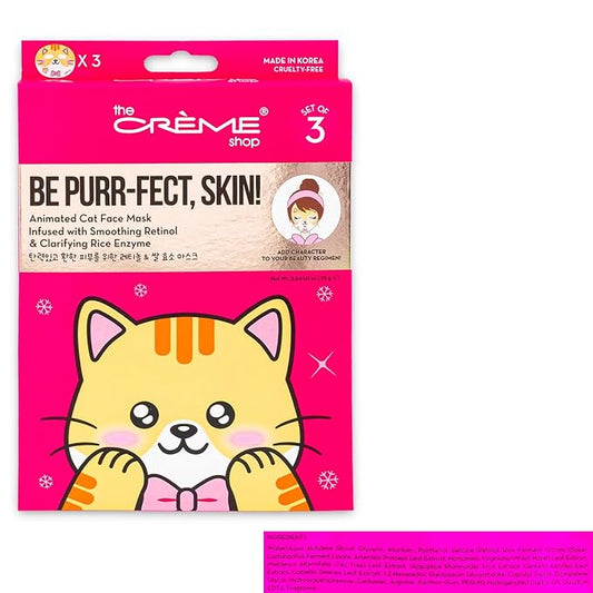 The Crème Shop Animal Face Mask 3 Pack - Bundle with 3 Cat Face Masks Made in Korea with Retinol and Rice Enzyme for Smoothing and Clarifying | The Creme Shop Skin Care