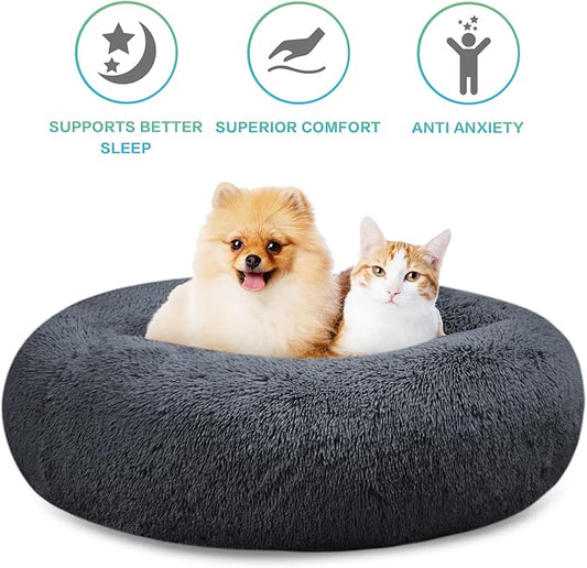 SAVFOX 23 inches Calming Donut Dog Bed - 3X Durable Plush Faux Fur, Machine Washable & Non-Slip, Fits up to 25 lbs, Dark Grey